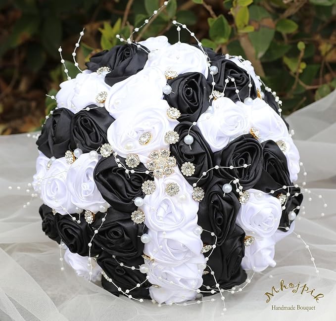 Bridal Wedding Bouquet Round Bling Brooch Bouquet Throw Toss Artificial Rose Flower Bunch for Bride Bridesmaid Wedding Quinceanera(White & Black, 6.3")