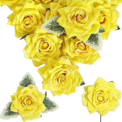 Artificial Flowers - 16pcs Yellow Fake Roses, 4.3" Velvet Roses for Wedding Bouquet, Home Party & Garden Decorations