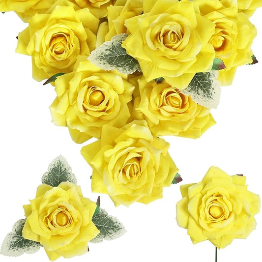 Artificial Flowers - 16pcs Yellow Fake Roses, 4.3" Velvet Roses for Wedding Bouquet, Home Party & Garden Decorations