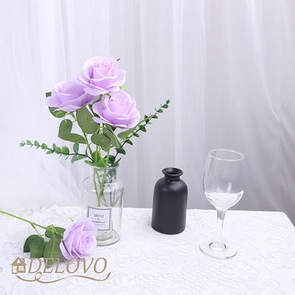 52pcs Lavender Roses Artificial Flowers Fake Flowers Silk Roses with Stems for DIY Wedding Bouquets Bridal Shower Centerpieces Arrangements Party Decorations