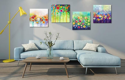 Colorful Flowers Canvas Wall Art, Floral Artwork Painting Prints ModernBathroom Pictures Framed for Living Room Bedroom Office Home Decor - 16"x16"x4 panel