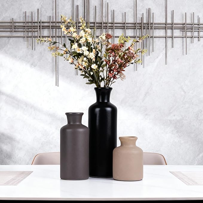 Ceramic Vase Set of 3 - Modern Neutral Decorative Vases for Home Decor, Rustic Farmhouse Boho Vases for Living Room, Mantel, Dining Table, Bookshelf, Kitchen or Entryway Decoration