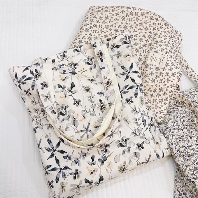 Cotton Canvas Tote Bag Reusable Soft Grocery Cloth Bag Floral Shoulder Bag for Beach Travel Shopping