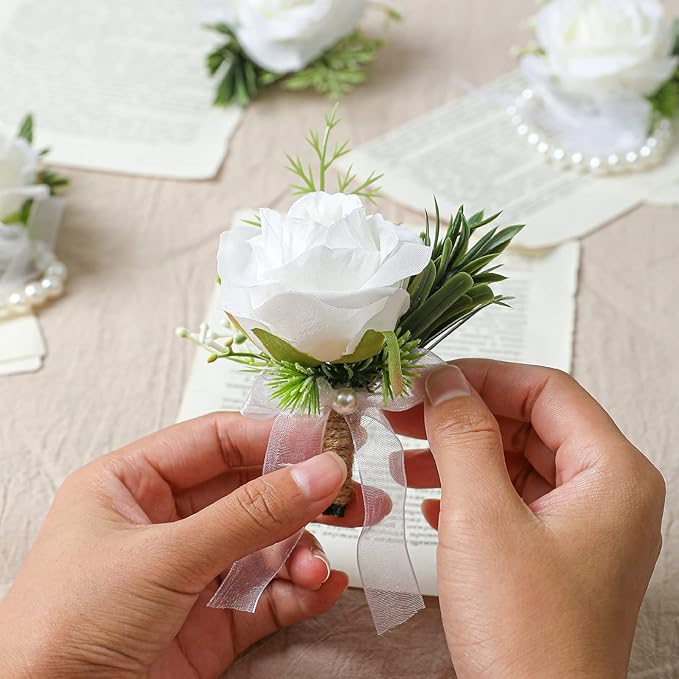 2pcs White Rose Boutonniere for Men Artificial Rose Flower for Wedding Flowers Ceremony Prom Flower (2 Boutonniere)