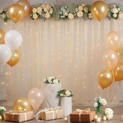 10x8ft Champagne Tulle Backdrop Curtain with Lights String for Parites, Sheer Backdrop Curtains for Wedding Baby Shower Birthday Party Photo Shoot Decorations
