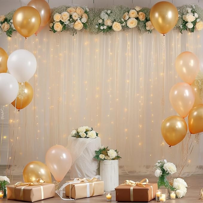 10x10ft Champagne Tulle Backdrop Curtain with Lights String for Parites, Sheer Backdrop Curtains for Wedding Baby Shower Birthday Party Photo Shoot Decorations