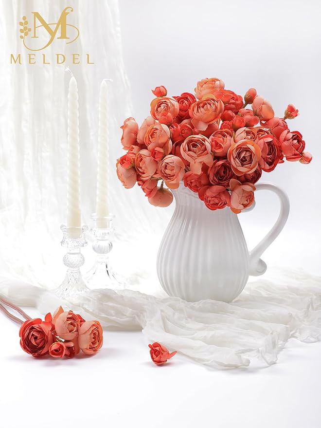 Meldel 32Pcs Ranunculus Artificial Flower, Burnt Orange Faux Ranunculus Flowers for DIY Bouquet, Rose Bulk Fake Peony Wedding Filler Flowers for Centerpieces Arrangements Bridal Shower Decorations