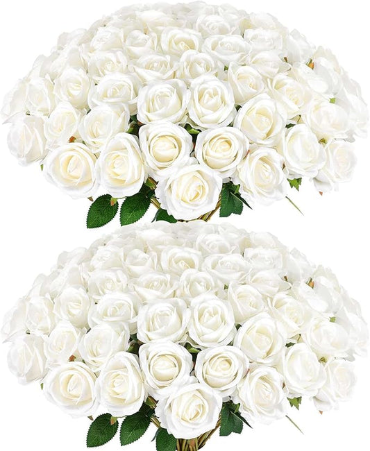60 Pcs Artificial Roses Bulk Velvet Silk White Roses White Roses for Wedding Centerpieces Bridal Bouquet Mohter's Day Valentine's Day Home Decor (60, White)