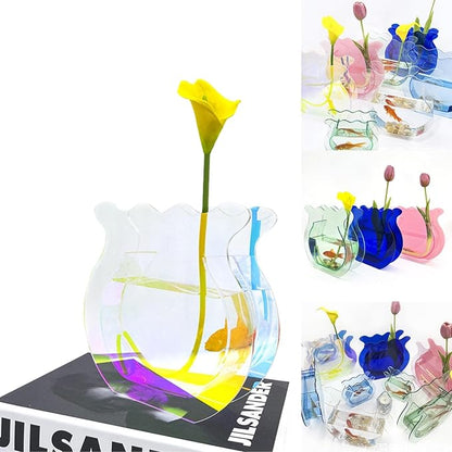 Acrylic Fish Bowl Flower Vase for Small Fish or Plant, Iridescent Dual-Use Decorative Vase for Home or Office Desk, Modern Rainbow Acrylic Bud Design Décor (Iridescent, Regular Size)