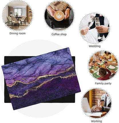 Purple Marble Placemats, Abstract Elegant Art Marble Floral Art Accents Print Washable Fabric Placemats Table Kitchen Dining Party 12x18 Inch Set of 6