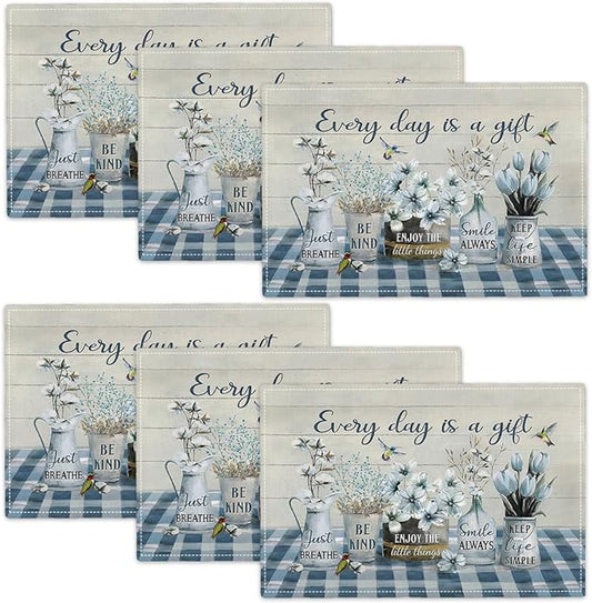 Farmhouse Spring Flower Placemats Set of 6 Every Day is A Gift Rustic Floral Double-Sided Table Mats for Dining Room Home Party Indoor 6 PCS 12x18 Inch