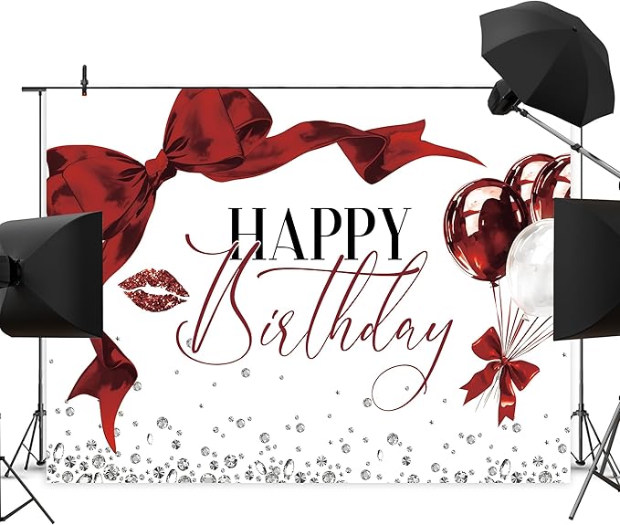Burgundy Bow Backdrop 8Wx6H Photography Girls Coquette Happy Birthday Decorations Lips Diamond Balloons Background Women Bachelorette Party Decorations Banner Photo Booth Props Supplies