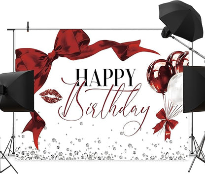Burgundy Bow Backdrop 8Wx6H Photography Girls Coquette Happy Birthday Decorations Lips Diamond Balloons Background Women Bachelorette Party Decorations Banner Photo Booth Props Supplies