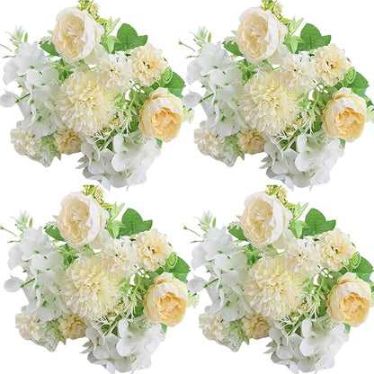 ASTRYAS 4Pcs White Peonies Artificial Flowers Fake Silk Peonies Faux Peony Mixed Chrysanthemum Flower Arrangements for DIY Wedding Table Centerpieces Party Baby Shower Home Decorations