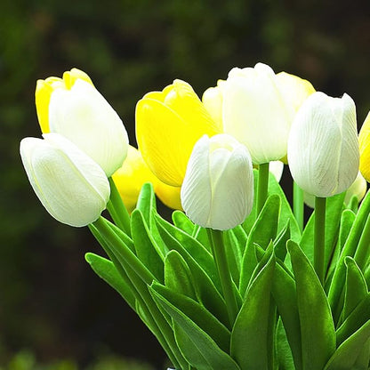 ENOVA FLORAL 20 Heads Real Touch Artificial Tulips Flowers in Vase, Mixed White and Yellow Tulips Fake Flowers with Vase and Faux Water for Home Wedding Decor, Dining Table (White Yellow)