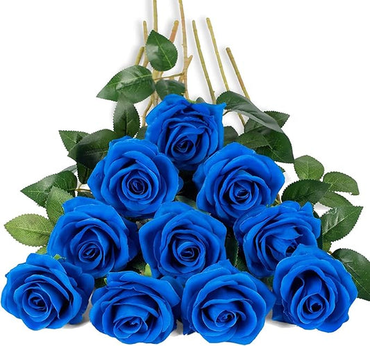 DuHouse 10pcs Silk Roses Artificial Flowers Fake Rose for Arrangement Wedding Party Home Decoration (Klein Blue)