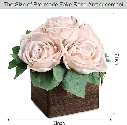 Dining Table Centerpiece Set of 6 - Pre-Made Aritifial Rose with Wooden Vase Fake Floral Arrangment Faux Flower for Wedding Bridal Tea Party Event Decorations - Boho