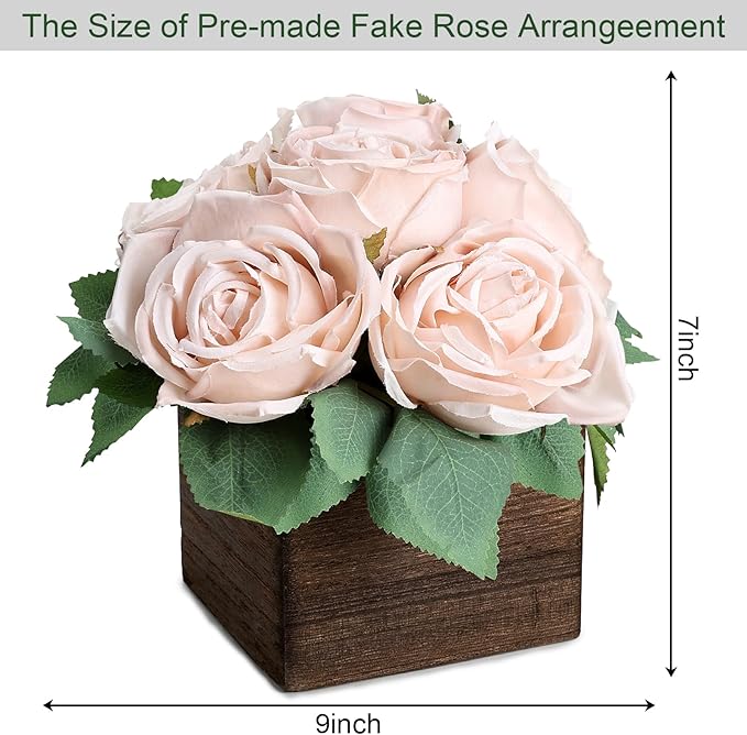 Dining Table Centerpiece Set of 3 - Pre-Made Aritifial Rose with Wooden Vase Fake Floral Arrangment Faux Flower for Wedding Bridal Tea Party Event Decorations - Boho