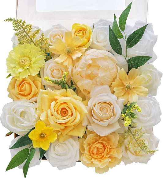 TINGE TIME Artificial Flowers Combo Mix Silk Flowers Yellow Roses w/stem for DIY Wedding Bridal Bouquets Baby Shower Floral Arrangement Table Centerpieces Home Decorations (Yellow & Champange)
