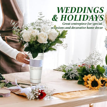 9 Inch High Galvanized French Bucket Vase with Handle 6Pcs White Metal Farmhouse Flower Vases Ideal for Dried Floral Arrangements at Home for Weddings Gift Spa and Aromatherapy Settings O4
