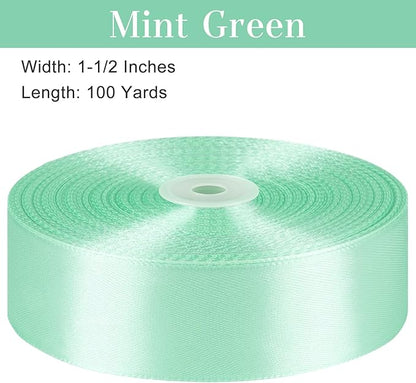 1-1/2 Inches 100 Yards Mint Green Satin Ribbon, Ribbon Roll for Flower Bouquets, Gift Wrapping, Wedding, Handmade Crafts