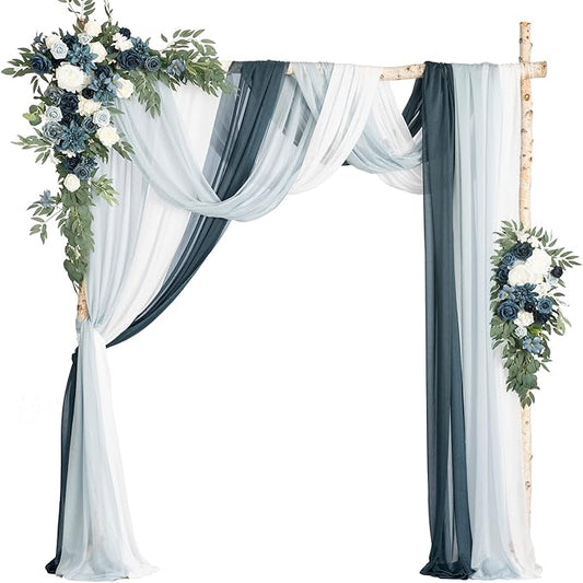 Ling's moment Wedding Arch Flowers with Sheer Drapes Kit - Artificial Dusty Blue and Navy Floral Arrangements for Ceremony Backdrop, Arbor Decor, 5-Piece Set (2 Flower Stems + 3 Hanging Drapes)