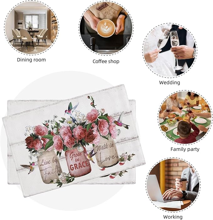 Rose Flower Placemats Set of 4 Farmhouse Peony Floral Table Mats Washable Place mats for Home Party Indoor Kitchen Dining Table Decoration 12x18 Inch