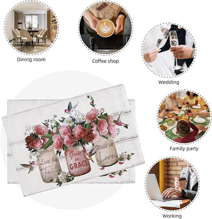 Rose Flower Placemats Set of 6 Farmhouse Peony Floral Table Mats Washable Place mats for Home Party Indoor Kitchen Dining Table Decoration 12x18 Inch