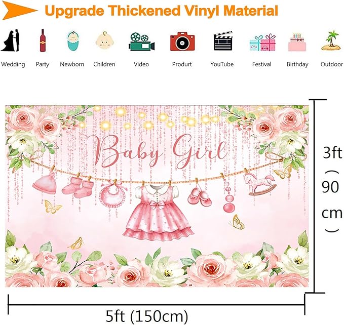 InMemory Baby Girl Baby Shower Backdrop Pink Floral Baby Shower Decorations,Glitter Rose Gold Babys Clothes Photography Background It's a Sweet Baby Girls Shower Party Banner PhotoBooth Supplies 5x3ft