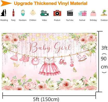 InMemory Baby Girl Baby Shower Backdrop Pink Floral Baby Shower Decorations,Glitter Rose Gold Babys Clothes Photography Background It's a Sweet Baby Girls Shower Party Banner PhotoBooth Supplies 5x3ft