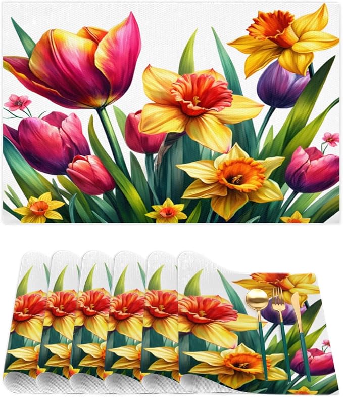 Spring Beautiful Flower Placemats Set of 4 PVC Vinyl Non Slip Table Mats Waterproof Heat Resistant Place Mats Washable Wipeable Dining Table Mat for Kitchen Party Indoor Outdoor Decorative