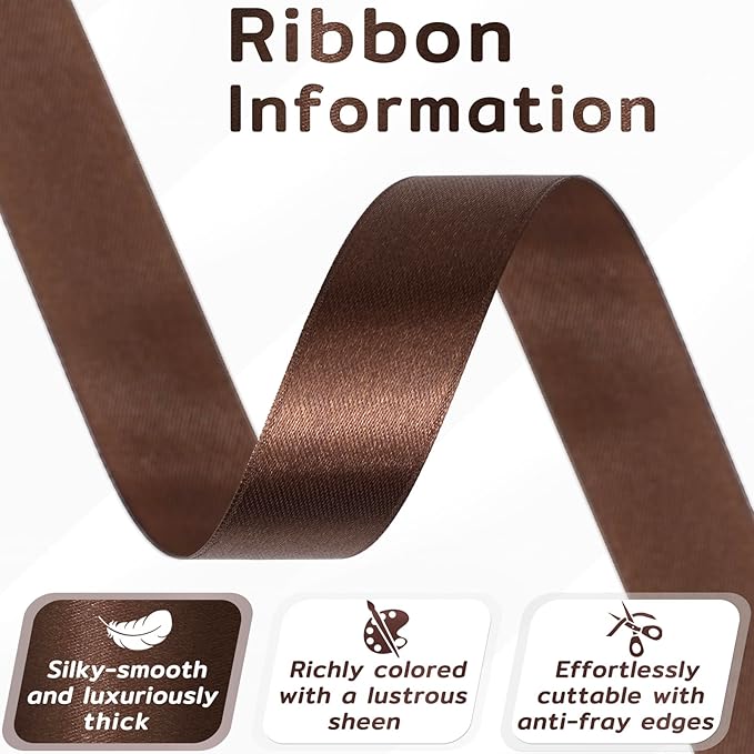60 Yards Brown Satin Ribbon 7/8 Inch, Solid Polyester Fabric Ribbon for Gift Wrapping, Crafts, Flower Bouquet, Wedding, Baby Shower, Festival, Christmas, Halloween