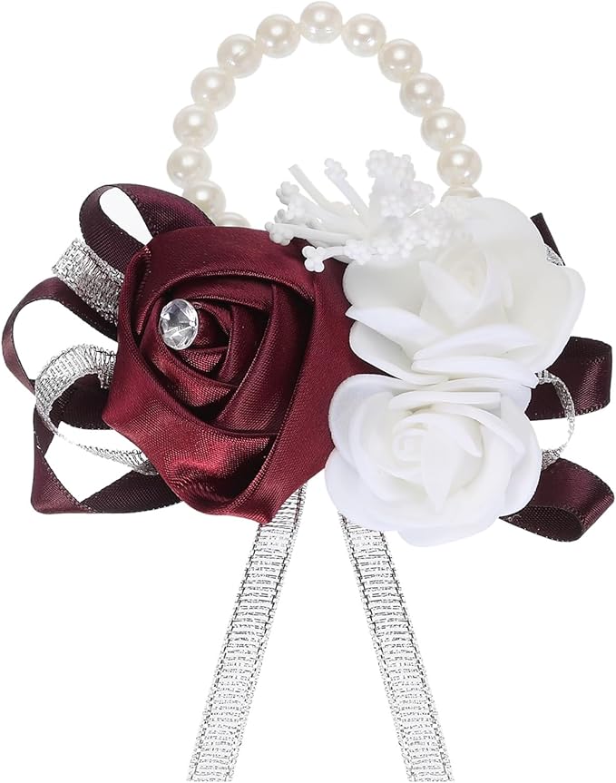MECCANIXITY Wrist Corsage Artificial Flower Bracelets Rose Wrist Bride Groom Decorative for Wedding Ceremony Prom Party Anniversary Wine Red