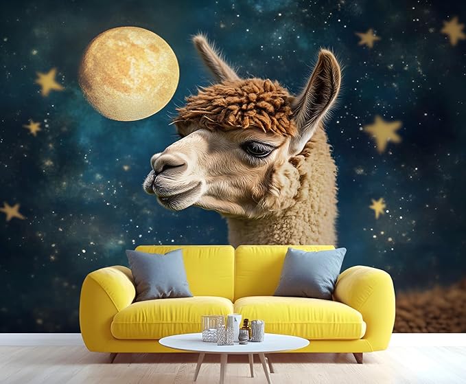 Starry Sky Alpaca Wall Mural, Dreamy Galaxy Moon Alpaca 3D Wall Murals, Cute Animal Wallpaper Mural, for Living Room Bedroom Large Wallpaper Indoor Decor 169.3" W x118.2 H