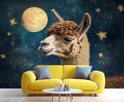 Starry Sky Alpaca Wall Mural, Dreamy Galaxy Moon Alpaca 3D Wall Murals, Cute Animal Wallpaper Mural, for Living Room Bedroom Large Wallpaper Indoor Decor 197" W x124.8 H