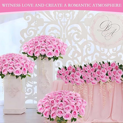 Hananona 50 Artificial Roses in Bulk, Fake Silk Pink Roses Realistic Roses for Wedding Centerpieces Flower Arrangement Home Decor (50, Pink)
