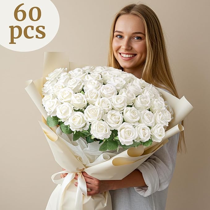 Auihiay 60PCS Artificial Roses Bulk, White Velvet Silk Fake Roses, Realistic White Flowers for Wedding Centerpieces, Bridal Bouquets, Home Decor, Baby Shower, Valentine's Day Party Decorations