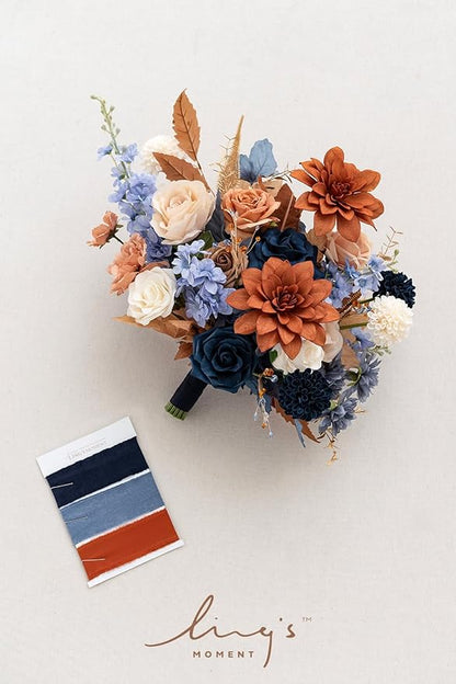 Ling's moment Blue and Orange Wedding Bouquets for Bride, Navy Orange Bridal Bouquets for Bride, 15 Inch Free Form Artificial Wedding Flowers Bouquets