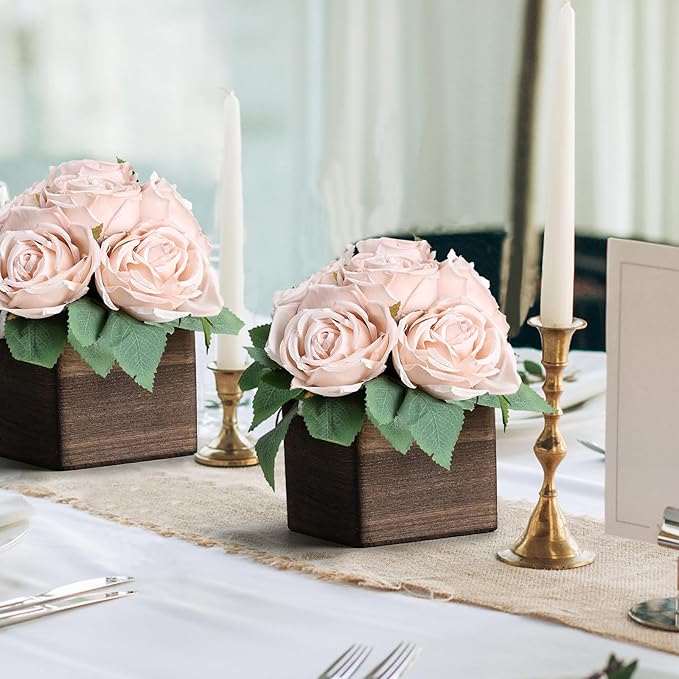 Dining Table Centerpiece Set of 3 - Pre-Made Aritifial Rose with Wooden Vase Fake Floral Arrangment Faux Flower for Wedding Bridal Tea Party Event Decorations - Boho