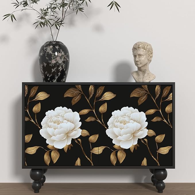 Black Golden Floral Wallpaper Peel and Stick Flowers Contact Paper 17.5in x 118in Vintage Leaf Wall paper Vinyl Waterproof Self Adhesive Dark Botanical Walls Murals for room Cabinet Table Drawer Decor