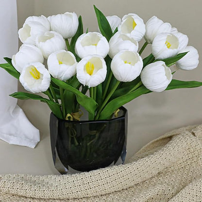 10pcs Partially Open Artificial Tulips 15.5" PU Artificial Flowers for Family Friend Gifts DIY Flower Arrangement Flowers in Home Kitchen Office Party Wedding Dining Table Decoration, White