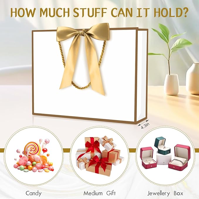 JMANNI Gift Bag, Medium Gift Bags with Tissue Paper, 2Pcs Gift Bags Medium Size with Handle and Bow Ribbon for Any Birthday, Weddings, Mothers Day & Special Occasion 11''x7.87''x4'' (Golden-White)
