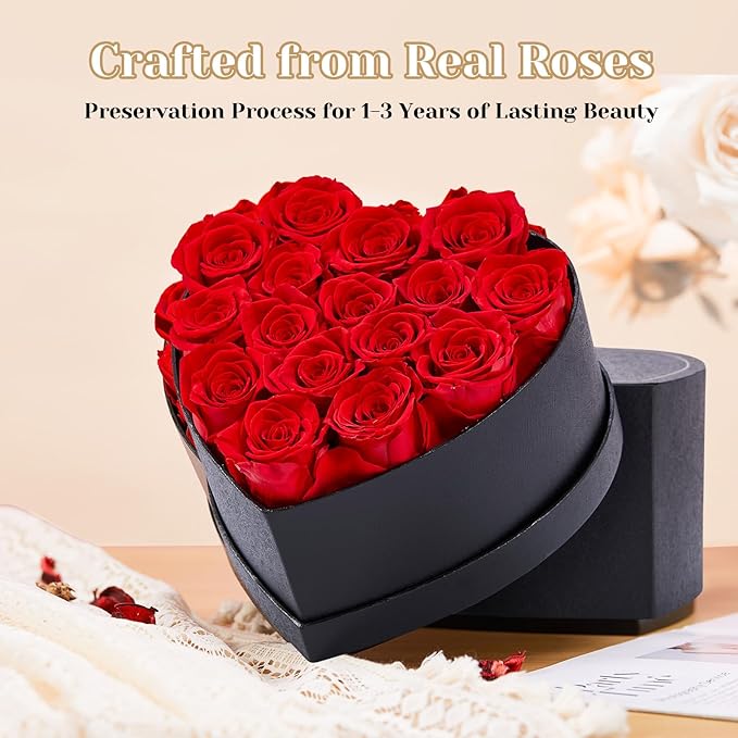 16 Preserved Roses in Heart-Shaped Box - Eternal Love Gift, Long-Lasting Roses for Her - Forever Flowers - Ideal for Valentine's Day, Anniversaries, Mother's Day - Elegant Display Box