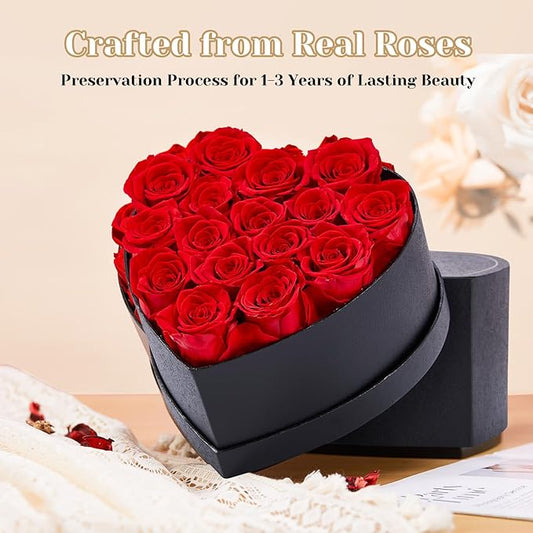 16 Preserved Roses in Heart-Shaped Box - Eternal Love Gift, Long-Lasting Roses for Her - Forever Flowers - Ideal for Valentine's Day, Anniversaries, Mother's Day - Elegant Display Box