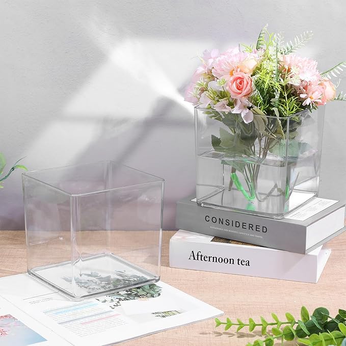 4Pcs Clear Acrylic Flower Vase 6 x 6 x 6Inch Square Flower Vase Clear Cube Flowers Vases for Wedding Centerpieces, Party, Home Office Decoration