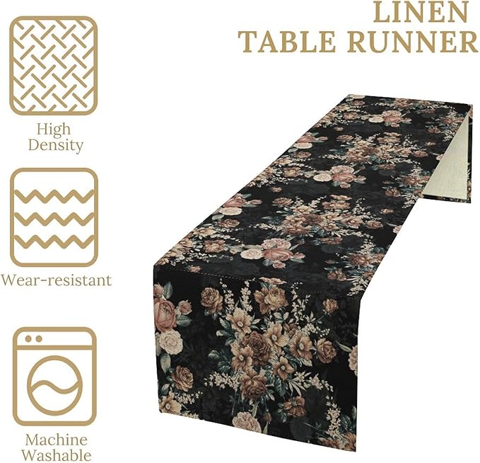 Dark Floral Table Runner, Orange Blossoming Flower Bunch Rose Gothic Black Wildflowers Table Runner for Farmhouse Kitchen Dining Table Decor, 13x36inch