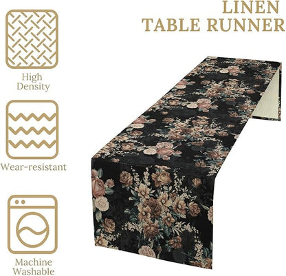 Dark Floral Table Runner, Orange Blossoming Flower Bunch Rose Gothic Black Wildflowers Table Runner for Farmhouse Kitchen Dining Table Decor, 13x60inch