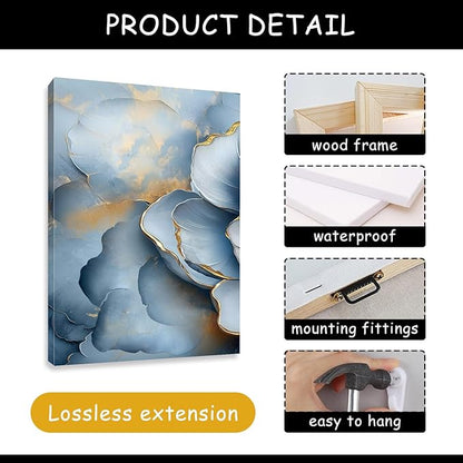 Kewhush Blue Wild Rose Canvas Wall Art, Floral Canvas Prints, Flower Blooming Set of 3 Pictures, Rose Wall Decor, Gold Accent Decor, Modern Artwork for Living Room, Bedroom (12" x 18" x 3 pcs)