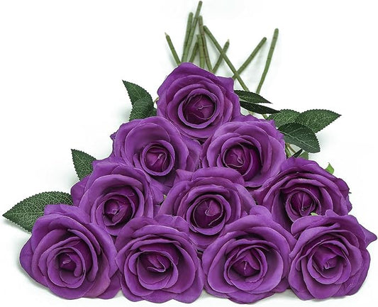 DuHouse 10pcs Fake Roses Artificial Silk Flowers Long Stems Bouquet for Arrangement Wedding Centerpiece Party Home Kitchen Decor(Dark Purple)