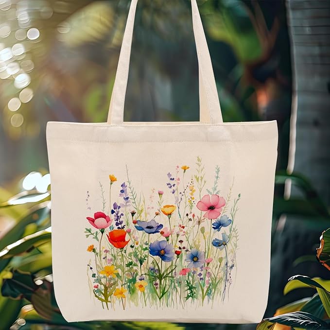 Aesthetic Floral Canvas Tote Bag for Women with Pocket, Tote Bags for Grocery Shopping Work Gym Christmas Birthday